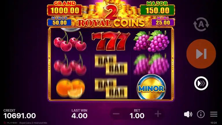 Royal Coins 2 base grid at bet 1.00 - a single Lucky 7s wild on the center reel above two BAR symbols, cherries on the left reel, grapes and a MINOR jackpot badge coin on the right reel, with jackpot tiers Grand 1000, Major 150, Minor 50 and Mini 25 above the reels; LAST WIN reads 4.00
