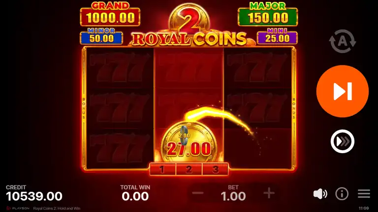 Royal Coins 2 Hold and Win trigger - Royal Bonus coin landing on reel 2 with value 27.00, BONUS markers on reels 1 and 3, respin counter active, balance 10539.00