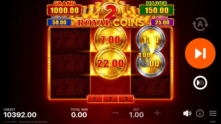 Royal Coins 2 Hold and Win mid-sequence - bonus coins showing 7.00 and 22.00 on center column, 1.00 values on right column, balance 10392.00