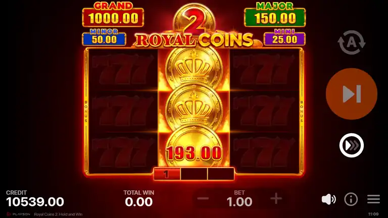 Royal Coins 2 Hold and Win result - three stacked Royal Bonus coins in center column, 193.00 total payout, balance 10539.00 at bet 1.00