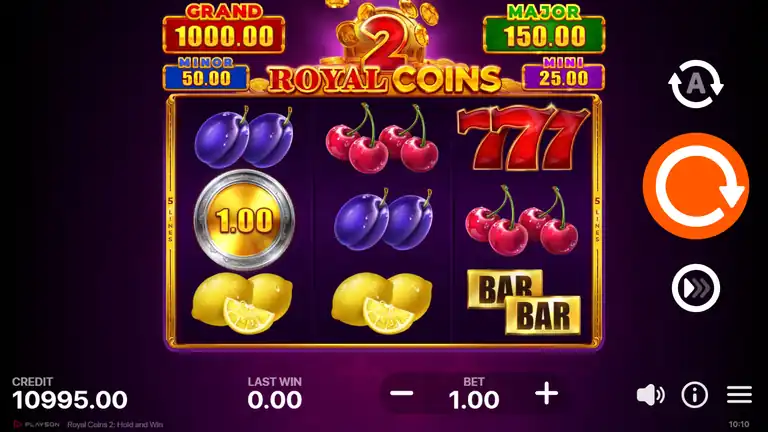 Royal Coins 2 early base game - balance 10,995.00 at bet 1.00 near the session start, bonus coin showing 1.00 on reel 1, jackpot tiers Grand 1000 / Major 150 / Minor 50 / Mini 25 above the grid